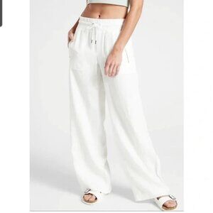 Athleta Cabo 100% Linen Women's Pants SZ 14 White Wide Leg Pull On Baggy Beachy